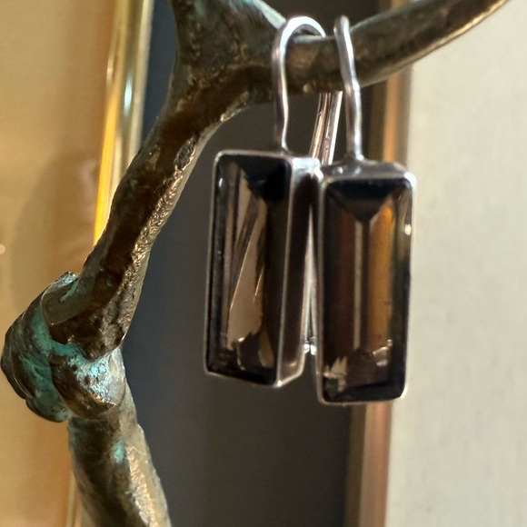 Vintage smoked quartz earrings 925 silver rectangular stone - Picture 7 of 13